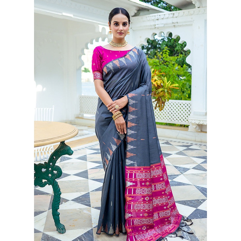 Grey Dupion Silk Saree With Blouse Piece - JD986587324