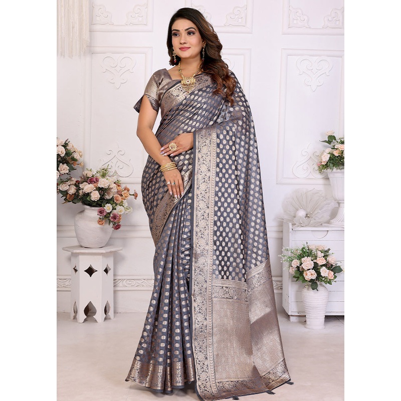 Grey Organza Saree With Blouse Piece - JD986587270