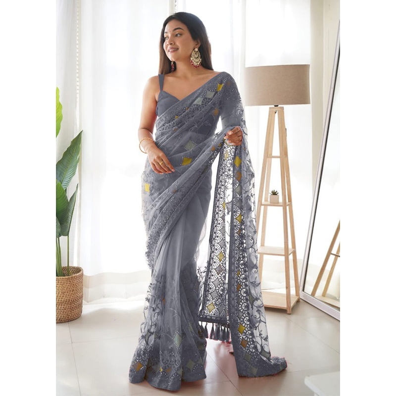 Grey Organza Saree With Blouse Piece - JD986587297