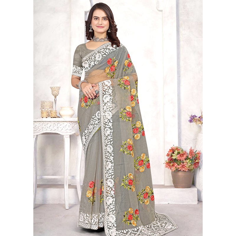 Grey Organza Saree With Blouse Piece - JD986587298