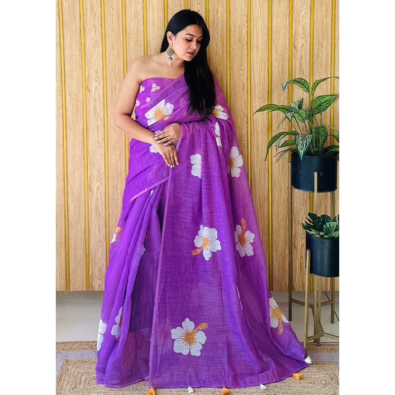Lavender Linen Silk Saree With Blouse Piece - JD986587269