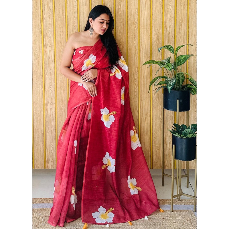 Maroon Linen Silk Saree With Blouse Piece - JD986587268