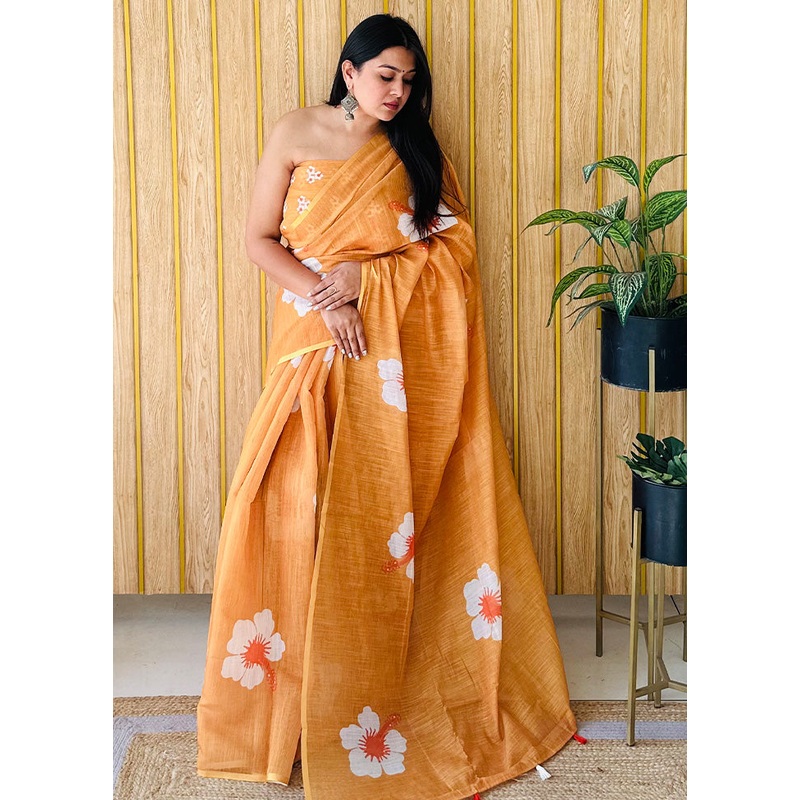 Orange Linen Silk Saree With Blouse Piece - JD986587264