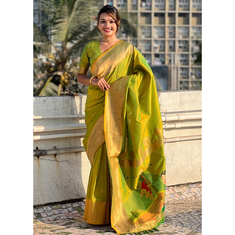 Parrot Green Spun Silk Saree With Blouse Piece - JD986587262