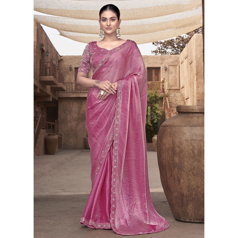 Pink Satin Silk Saree With Blouse Piece - JD986587256