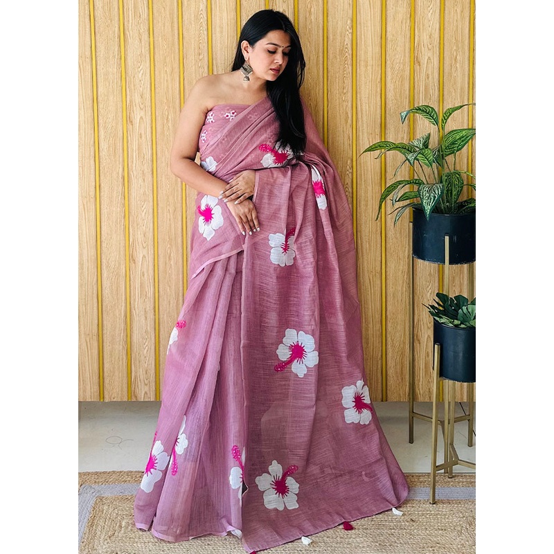 Purple Linen Silk Saree With Blouse Piece - JD986587251