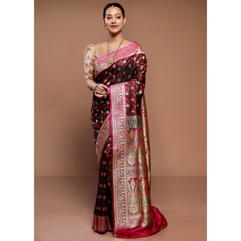Wine Handloom Tanchoi Pure Silk Saree With Blouse Piece - JD986587293