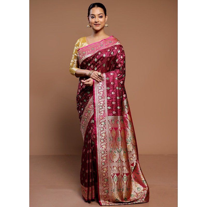 Wine Handloom Tanchoi Pure Silk Saree With Blouse Piece - JD986587294
