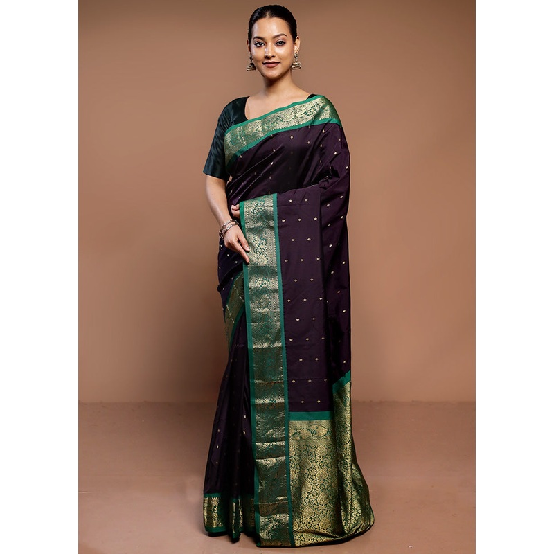 Wine Kanjivaram Silk Saree With Blouse Piece - JD986587292