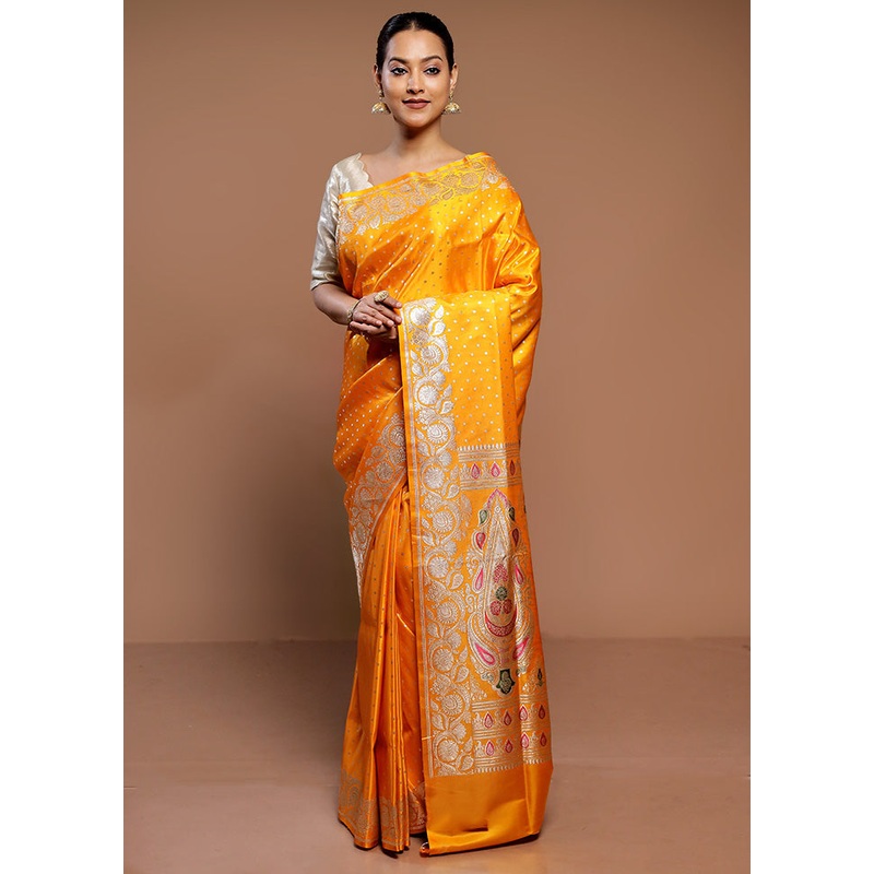 Yellow Handloom Banarasi Pure Silk Saree With Blouse Piece - JD986587291