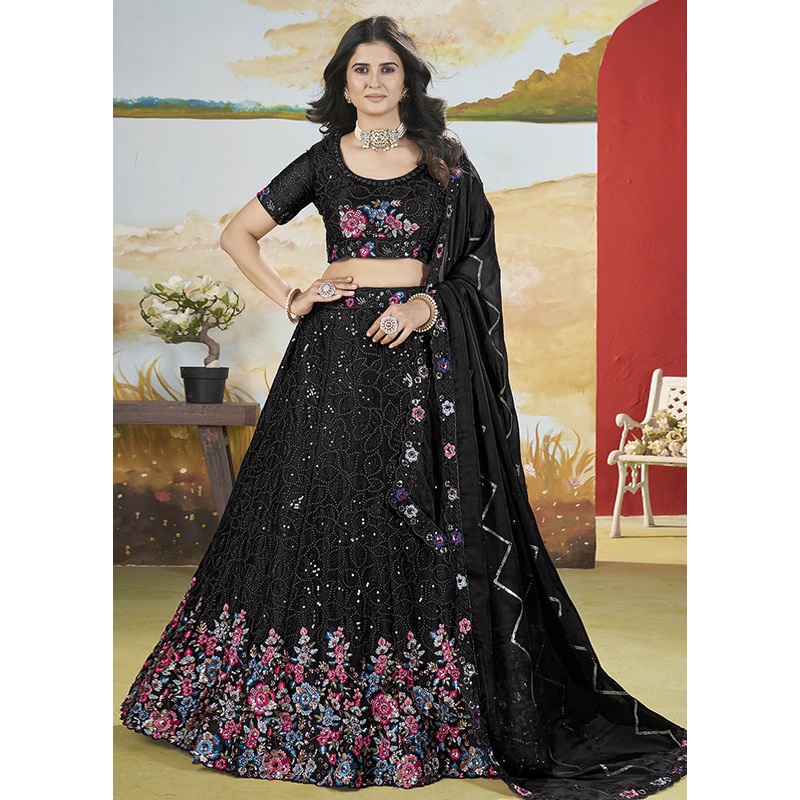 3 Pc Black Silk Semi Stitched Lehenga Set - JD986587157
