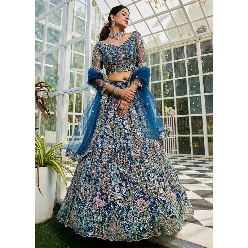 3 Pc Blue Net Semi Stitched Lehenga Set - JD986587207