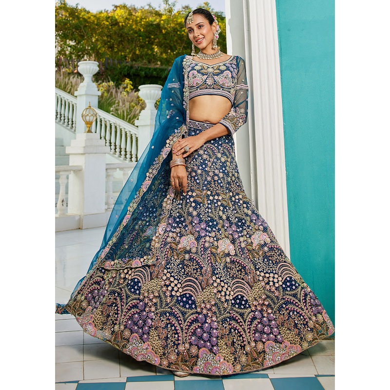 3 Pc Blue Net Semi Stitched Lehenga Set - JD986587208