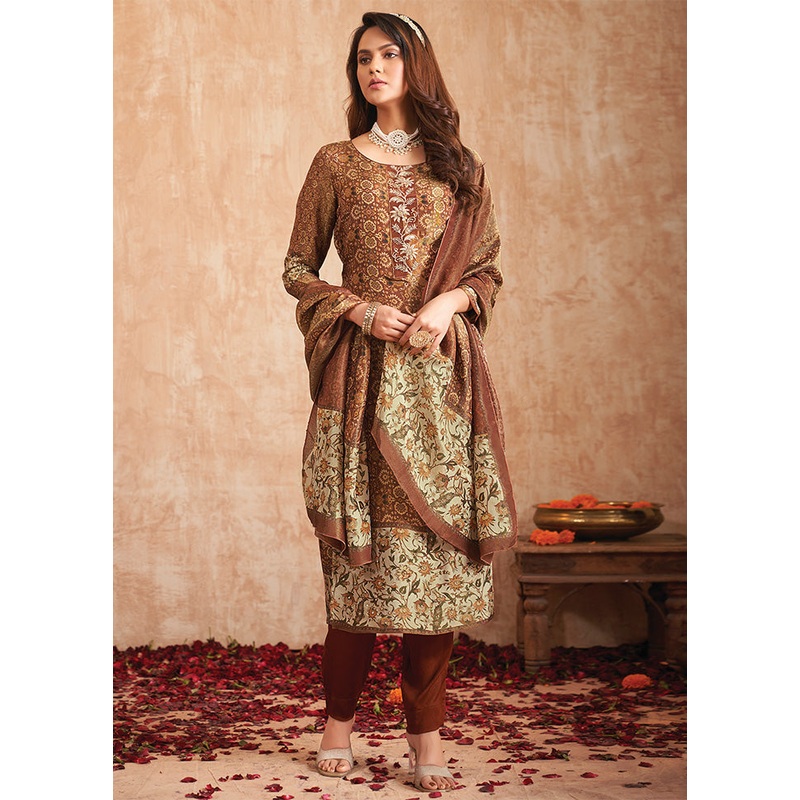 3 Pc Brown Unstitched Pure Silk Suit Set - JD986587125