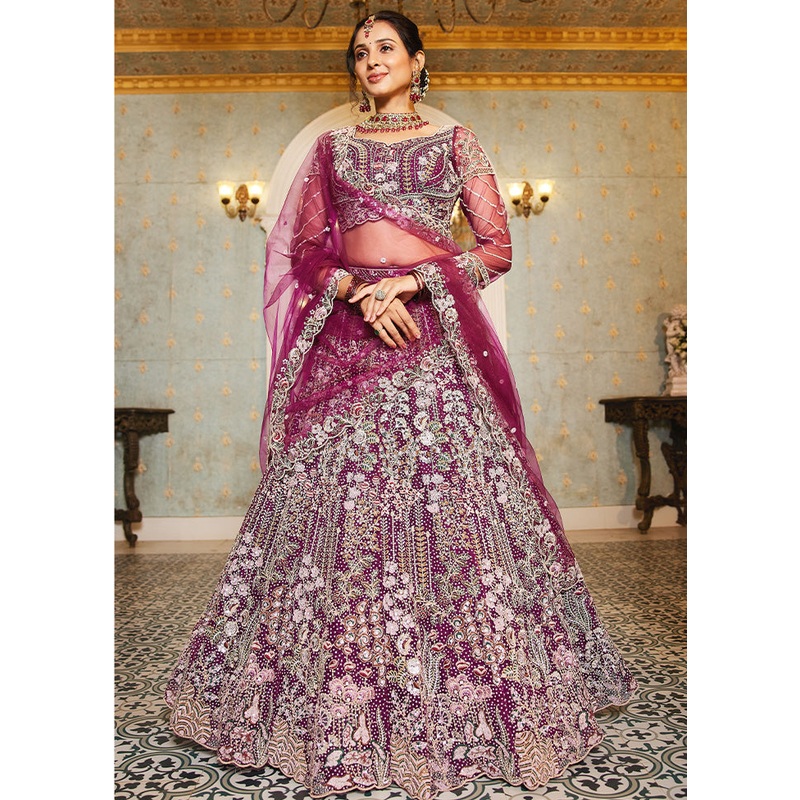 3 Pc Burgundy Net Semi Stitched Lehenga Set - JD986587205