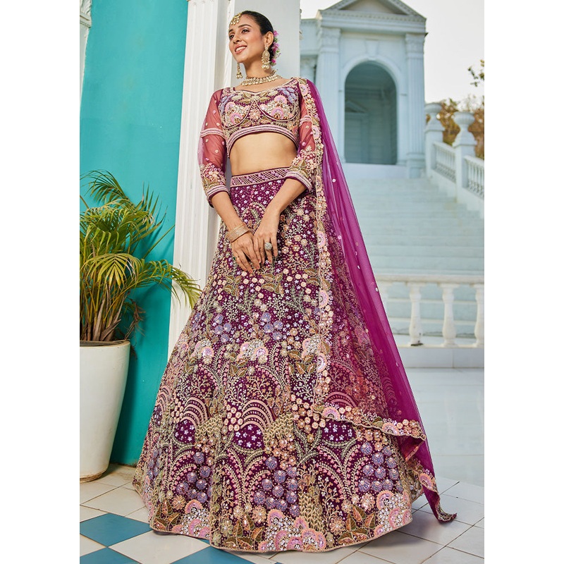 3 Pc Burgundy Net Semi Stitched Lehenga Set - JD986587206