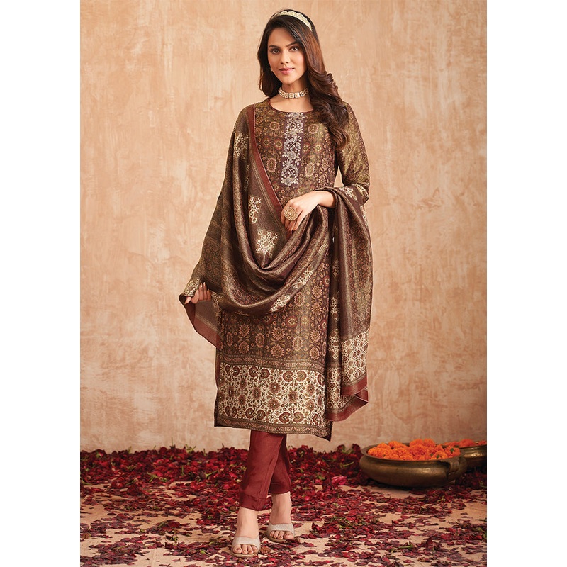 3 Pc Gold Unstitched Pure Silk Suit Set - JD986587124