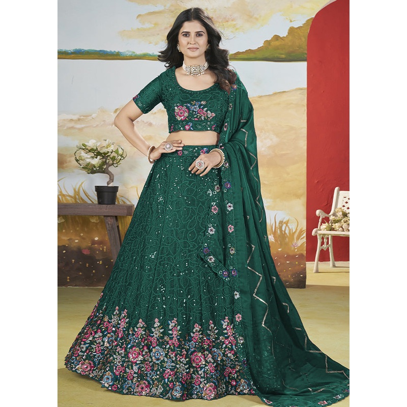 3 Pc Green Silk Semi Stitched Lehenga Set - JD986587156