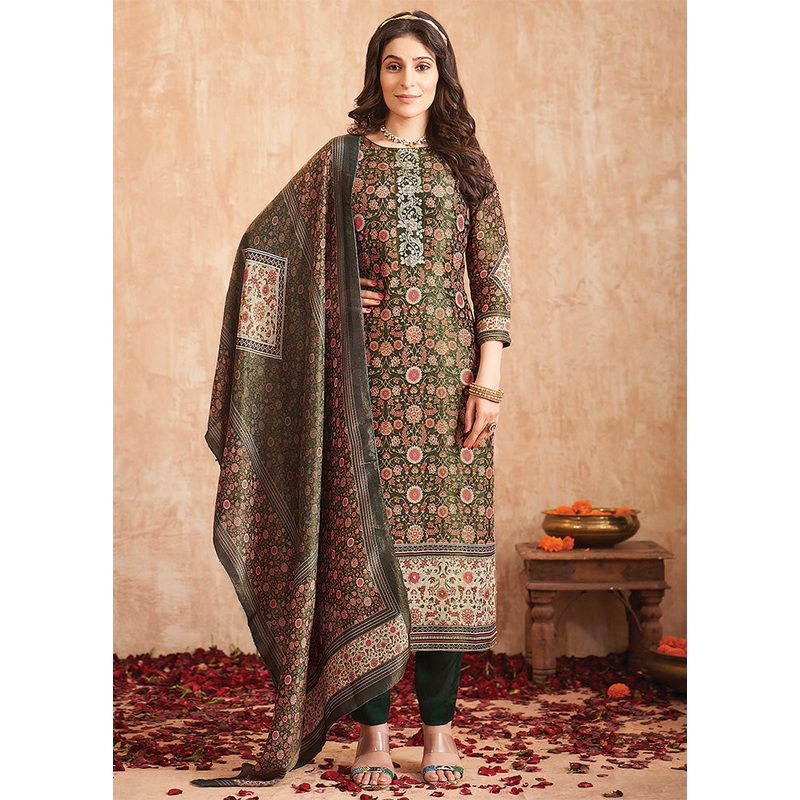 3 Pc Green Unstitched Pure Silk Suit Set - JD986587122
