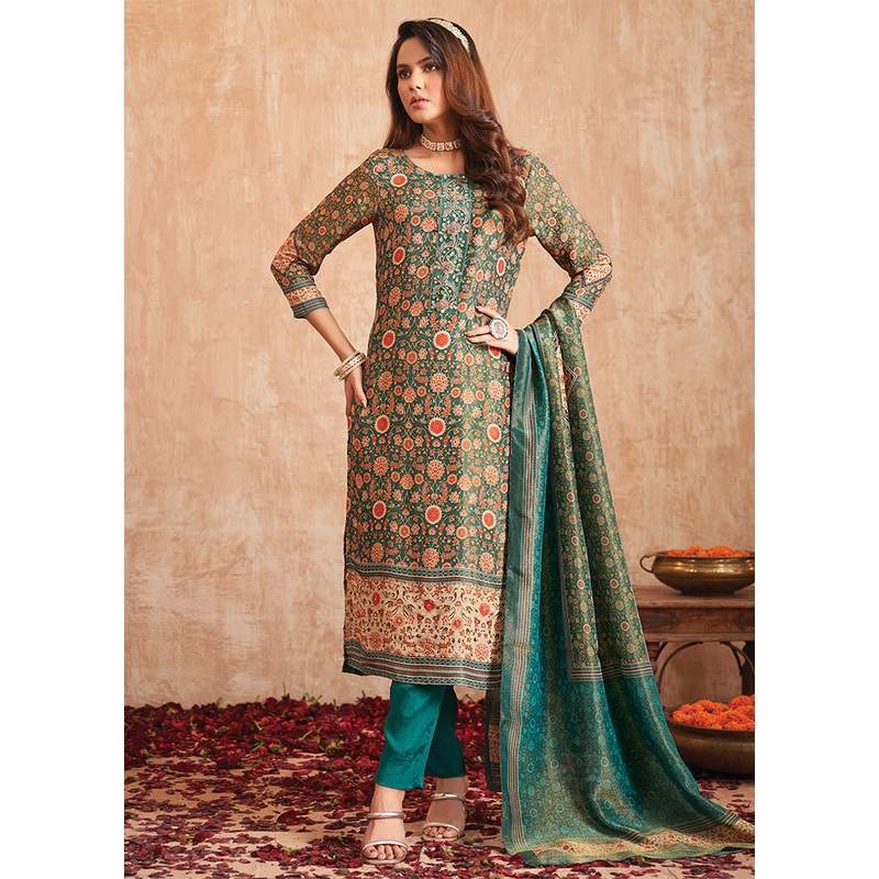 3 Pc Green Unstitched Pure Silk Suit Set - JD986587123