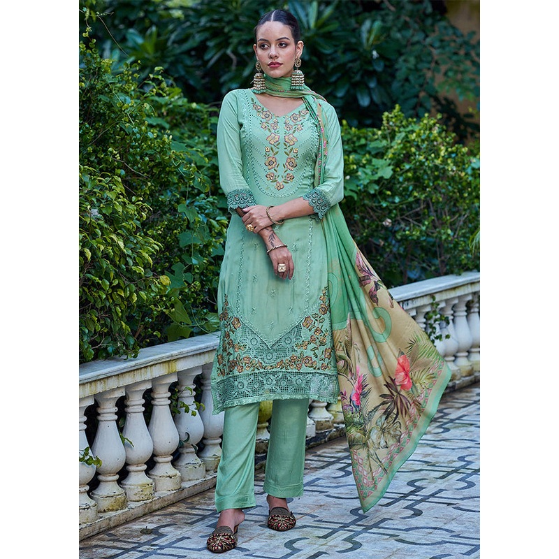 3 Pc Green Unstitched Silk Suit Set - JD986587121