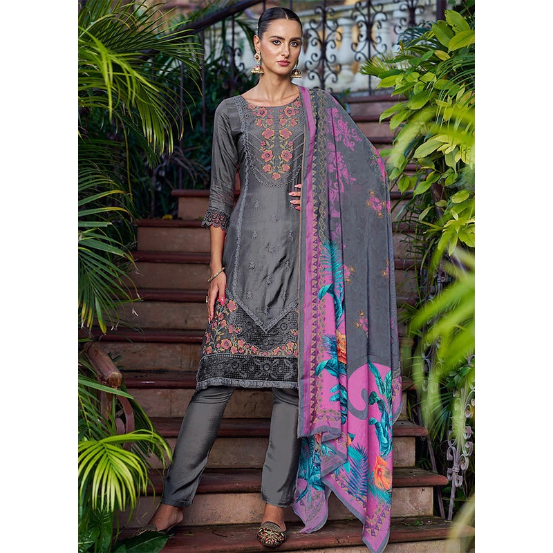 3 Pc Grey Unstitched Silk Suit Set - JD986587118