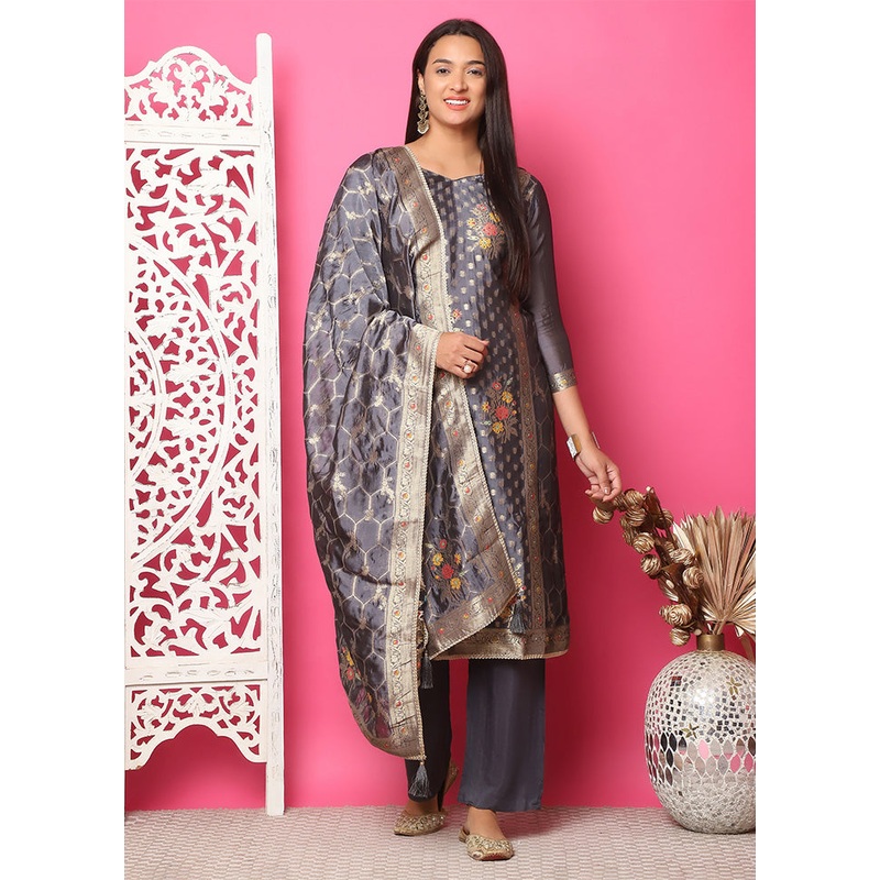 3 Pc Grey Unstitched Silk Suit Set - JD986587119