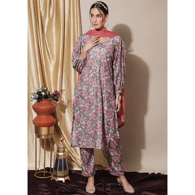 3 Pc Grey Unstitched Silk Suit Set - JD986587120