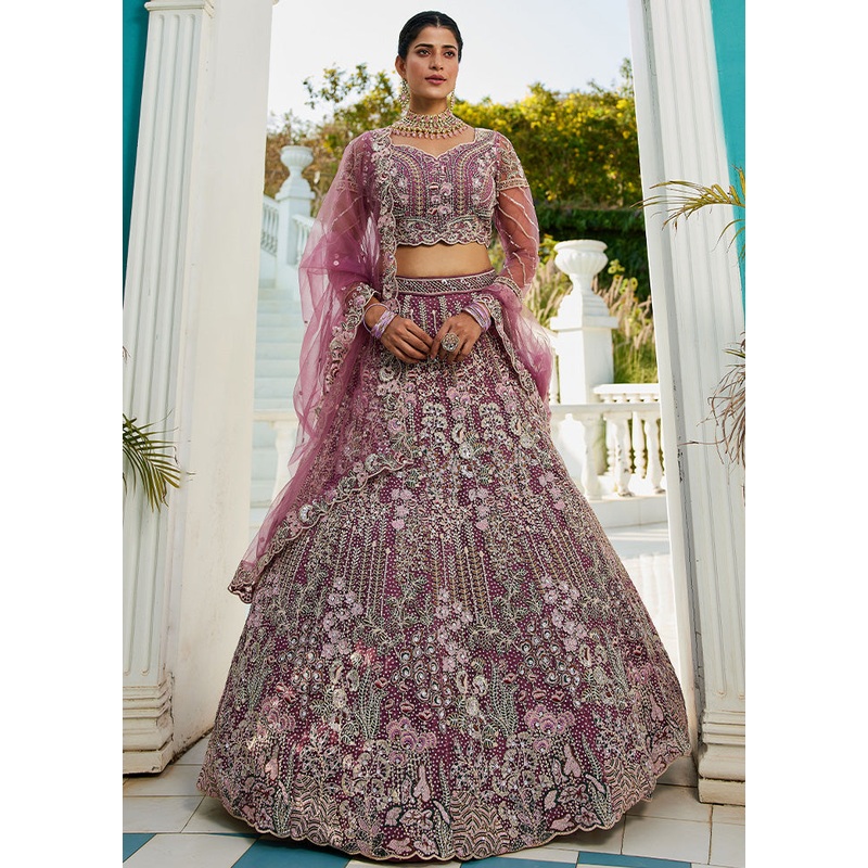 3 Pc Lavender Net Semi Stitched Lehenga Set - JD986587204