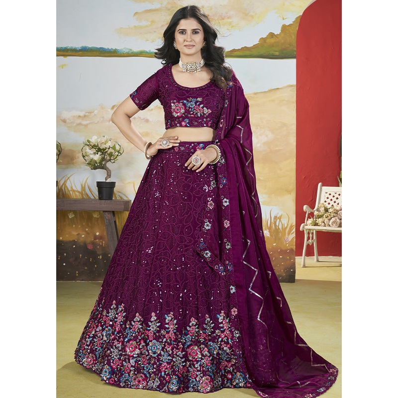 3 Pc Magenta Silk Semi Stitched Lehenga Set - JD986587155