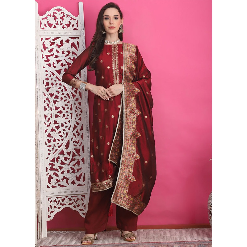 3 Pc Maroon Unstitched Silk Suit Set - JD986587116