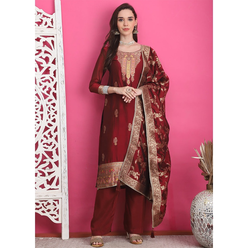 3 Pc Maroon Unstitched Silk Suit Set - JD986587117