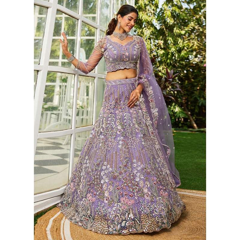 3 Pc Mauve Net Semi Stitched Lehenga Set - JD986587203