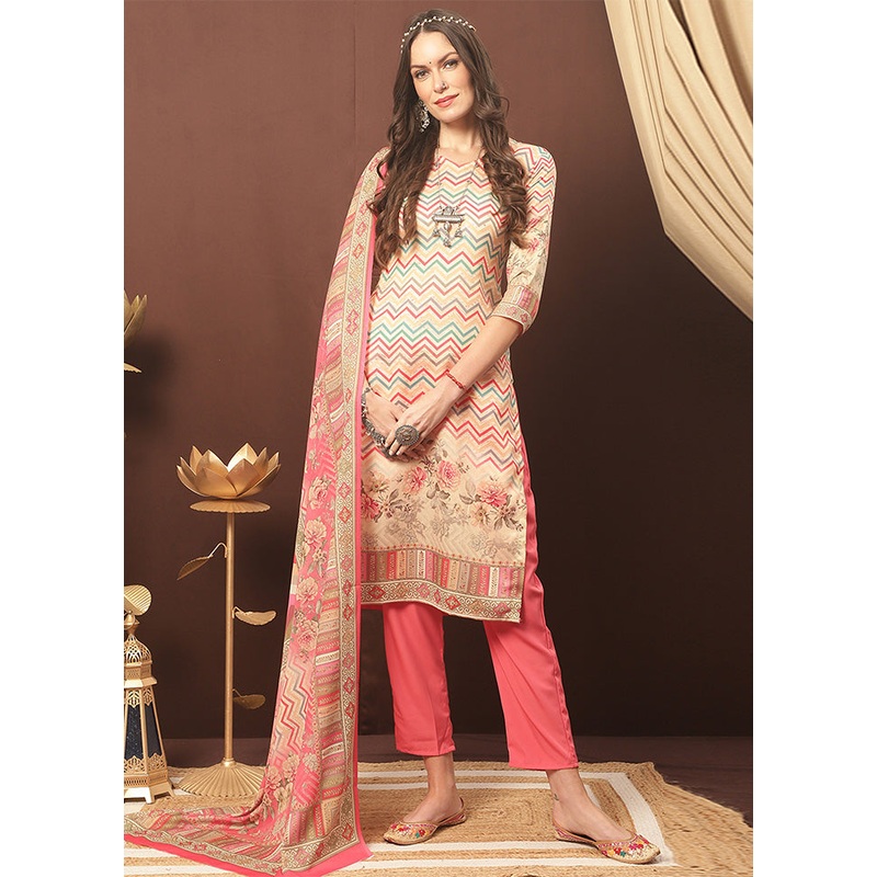 3 Pc Multicolor Unstitched Cotton Suit Set - JD986587114