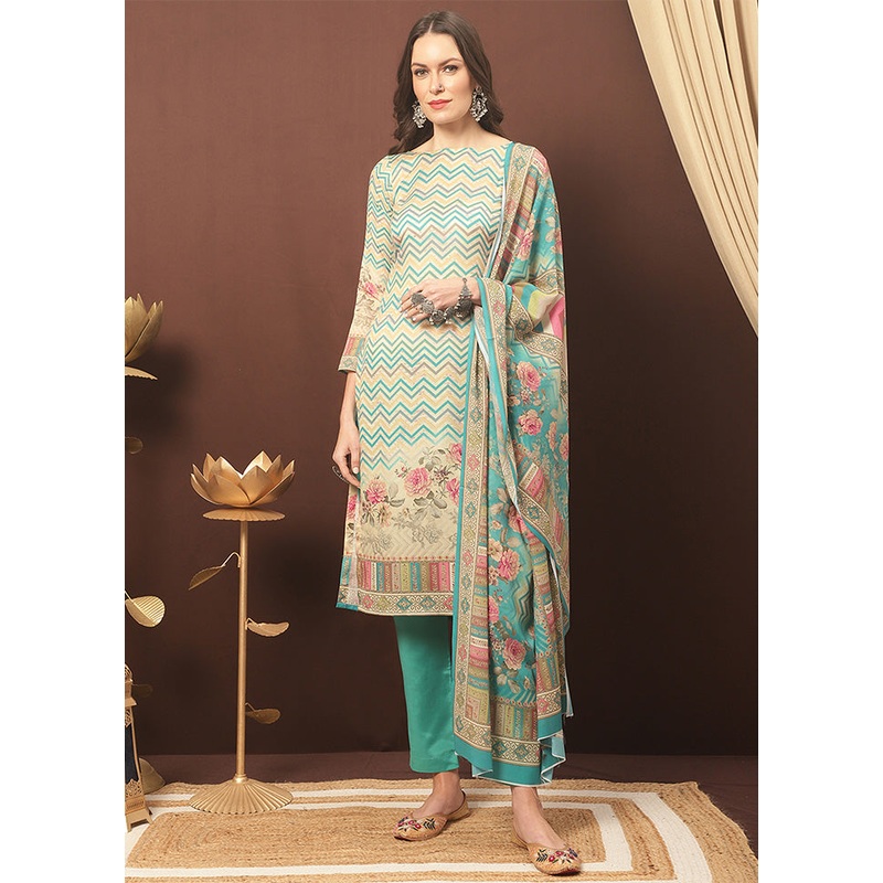 3 Pc Multicolor Unstitched Cotton Suit Set - JD986587115