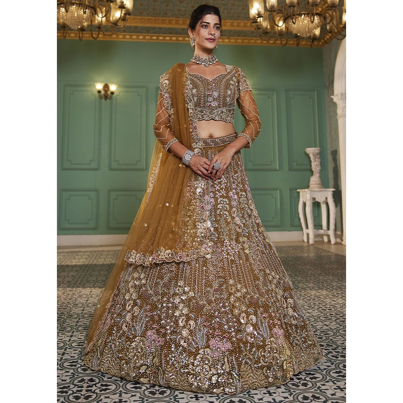 3 Pc Mustard Net Semi Stitched Lehenga Set - JD986587202