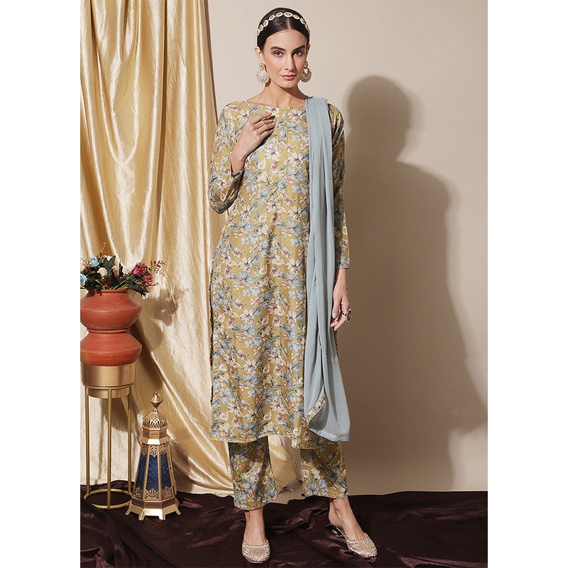 3 Pc Mustard Unstitched Silk Suit Set - JD986587113