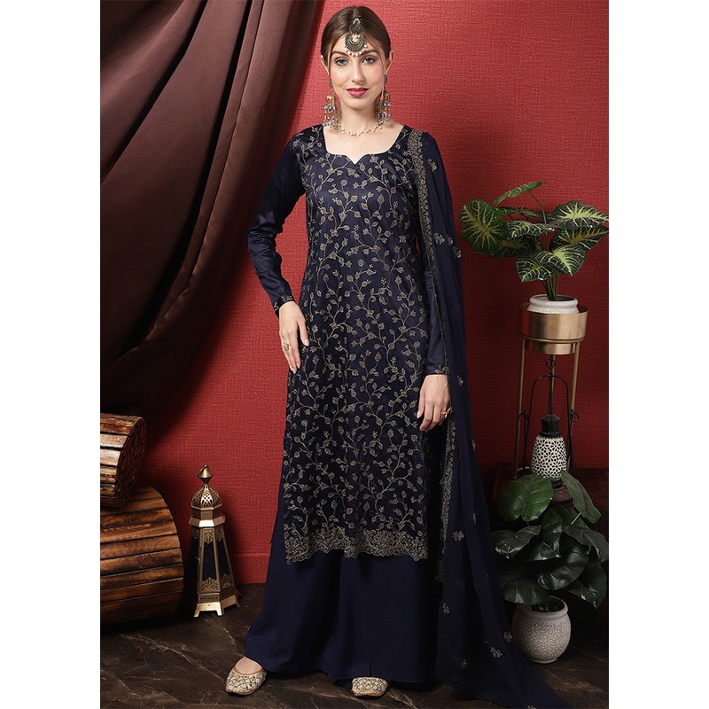 3 Pc Navy Blue Unstitched Cotton Suit Set - JD986587112