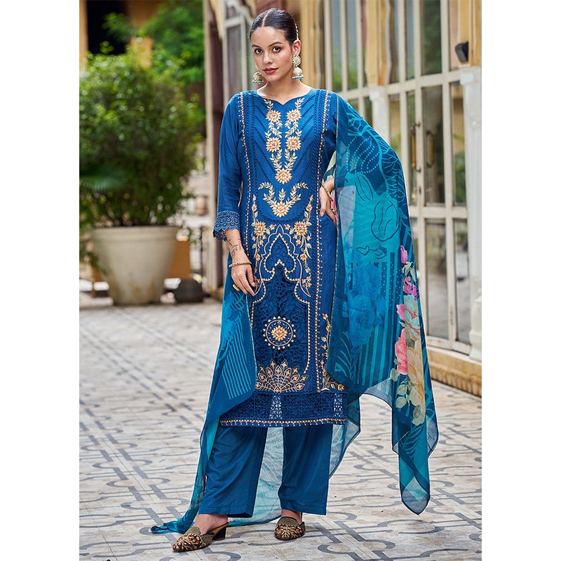3 Pc Navy Blue Unstitched Silk Suit Set - JD986587110