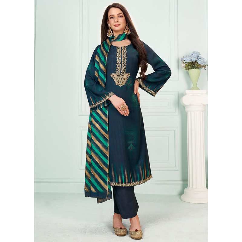 3 Pc Navy Blue Unstitched Silk Suit Set - JD986587111