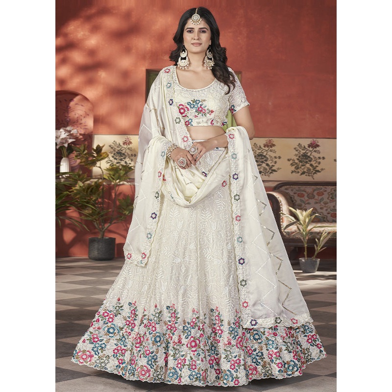 3 Pc Off White Silk Semi Stitched Lehenga Set - JD986587154