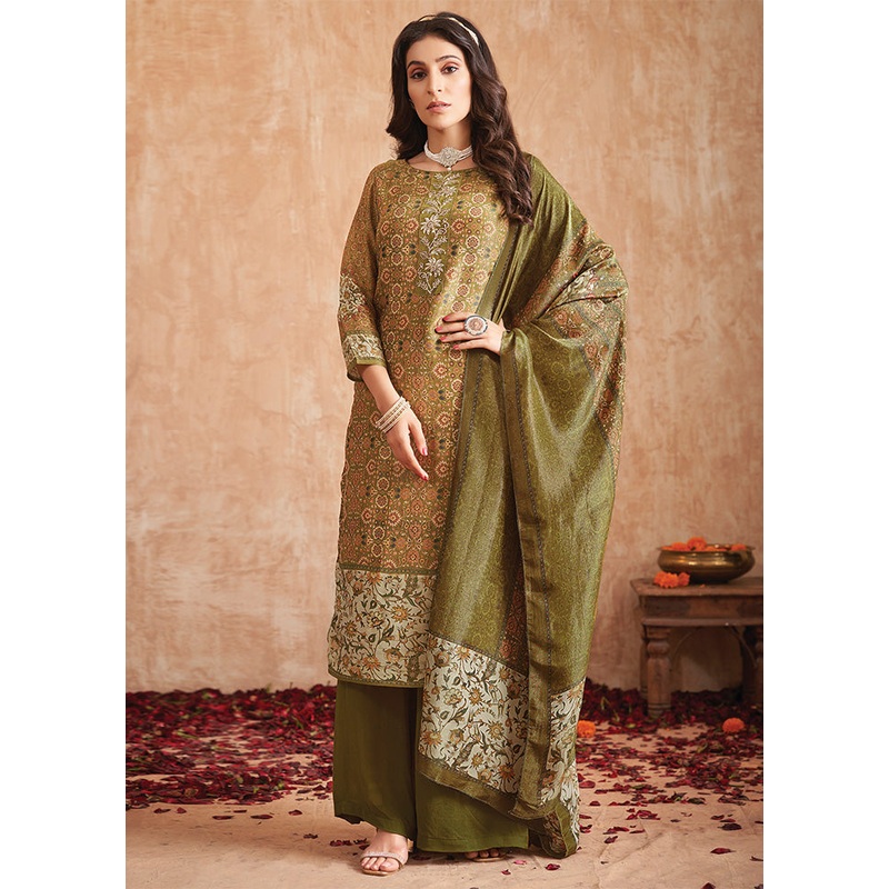 3 Pc Olive Green Unstitched Pure Silk Suit Set - JD986587109