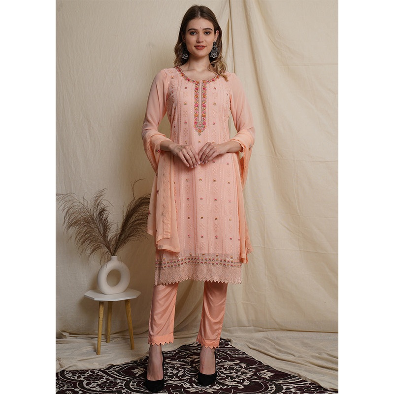 3 Pc Peach Unstitched Georgette Suit Set - JD986587108