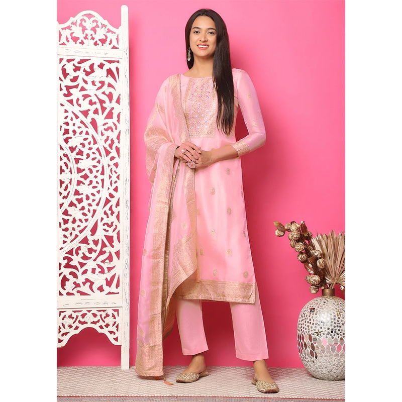 3 Pc Pink Unstitched Silk Suit Set - JD986587107
