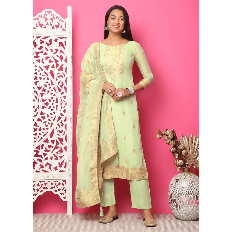 3 Pc Pista Green Unstitched Silk Suit Set - JD986587105