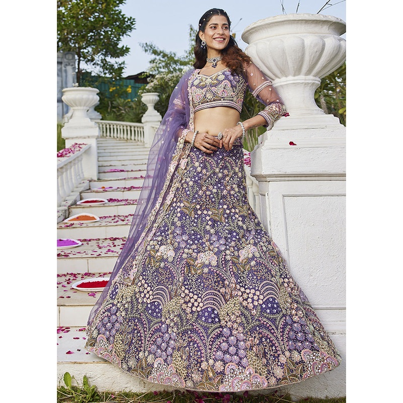3 Pc Purple Net Semi Stitched Lehenga Set - JD986587200