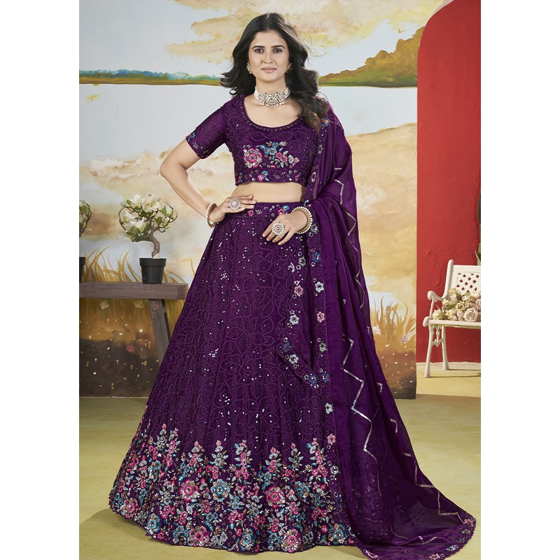 3 Pc Purple Silk Semi Stitched Lehenga Set - JD986587153