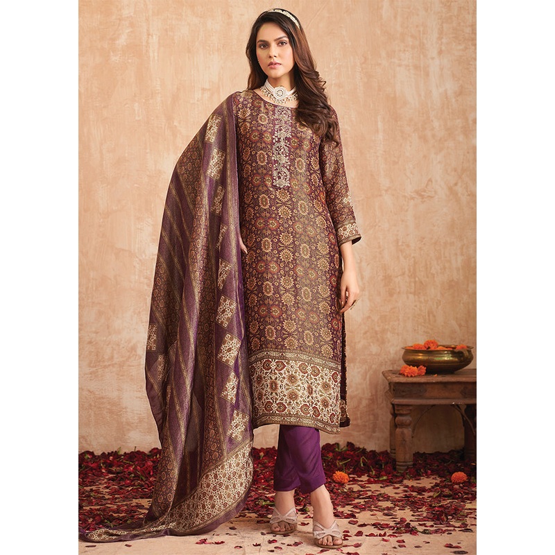 3 Pc Purple Unstitched Pure Silk Suit Set - JD986587104