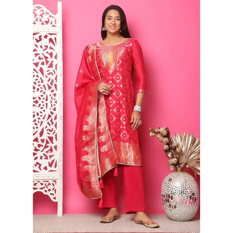 3 Pc Red Unstitched Silk Suit Set - JD986587103