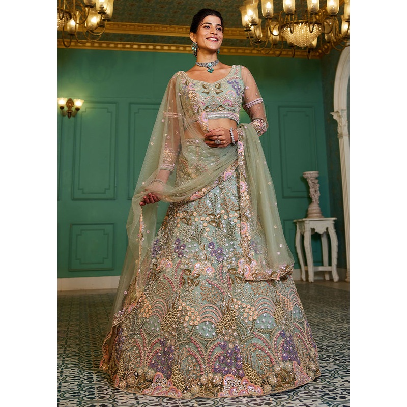 3 Pc Sea Green Net Semi Stitched Lehenga Set - JD986587199